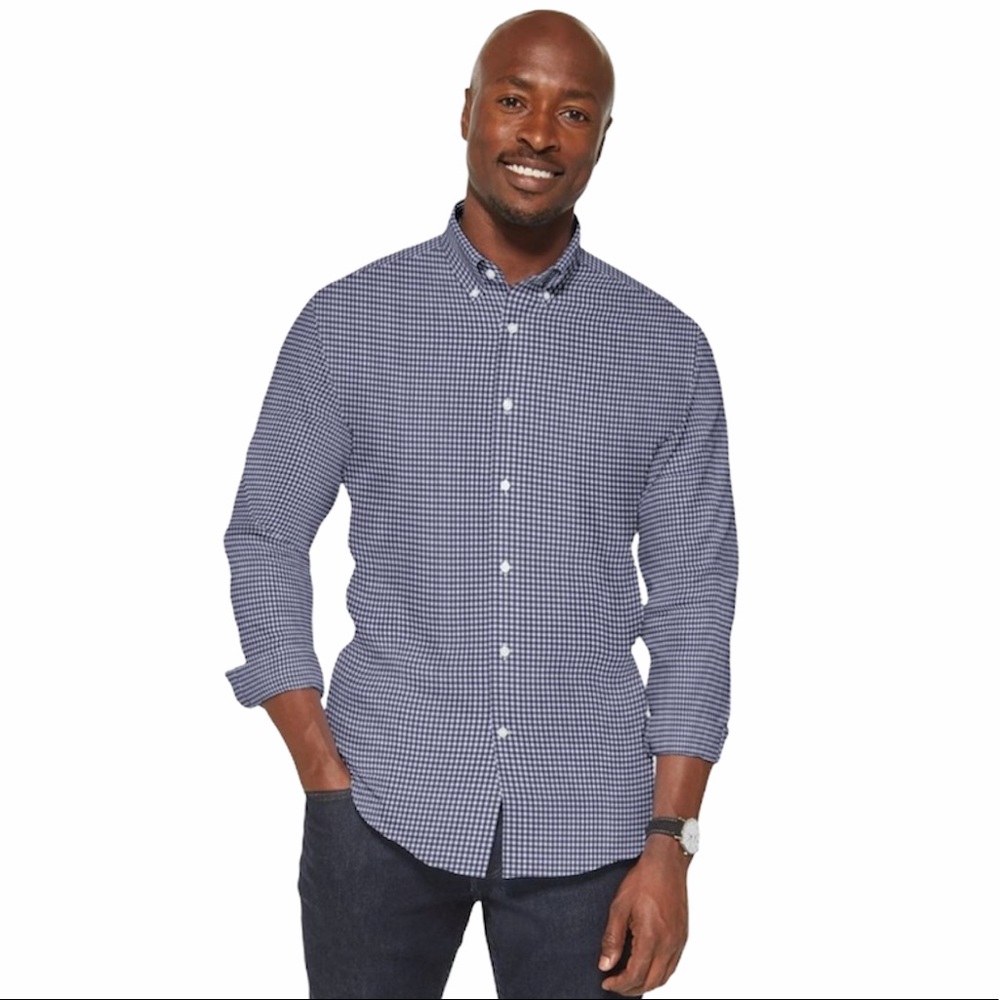 Stantt Dress Shirt Men 2XL Blue White Gingham Check Long Sleeve Button Down
